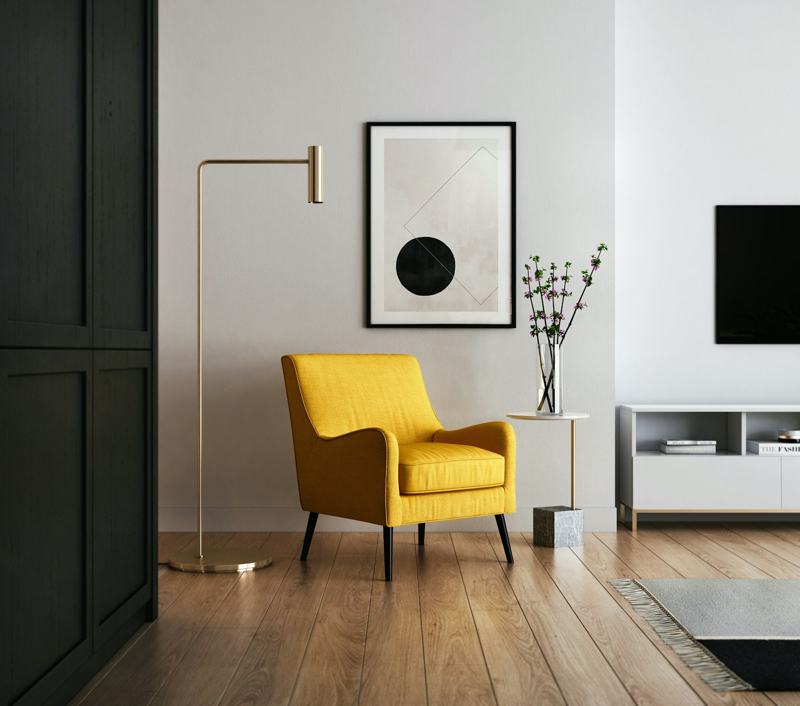 Reading corner with yellow armchair