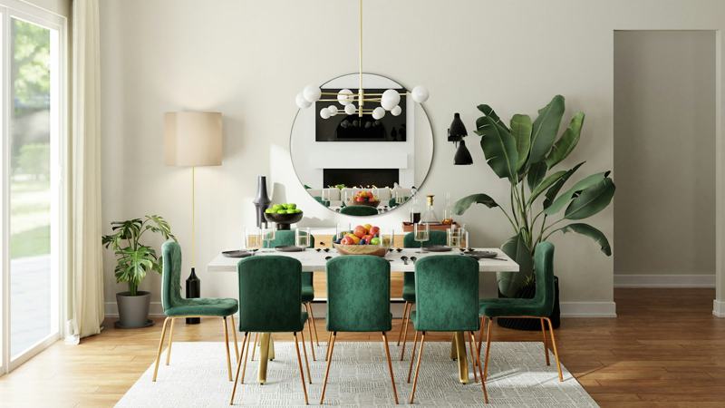 Dining room with green velvet chairs